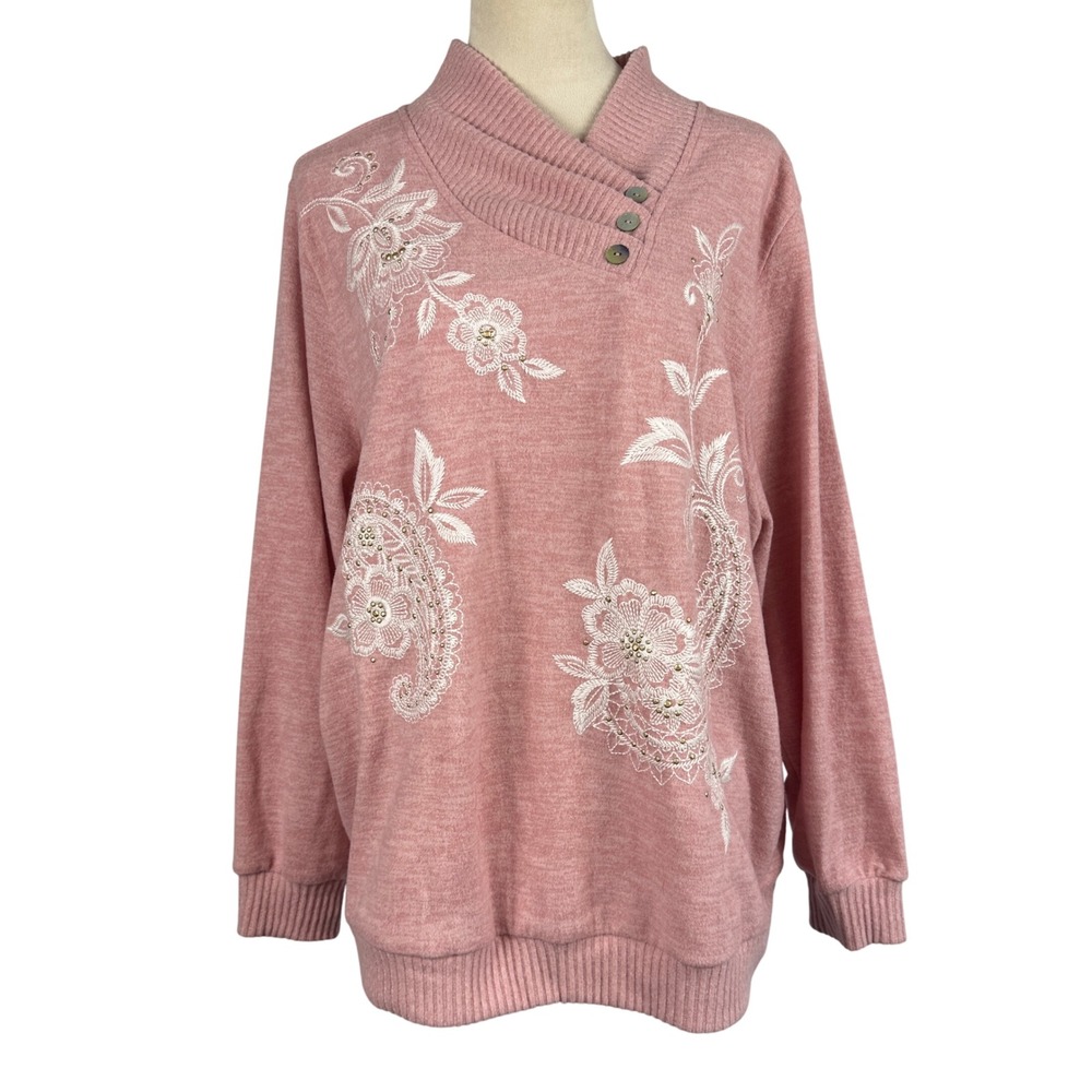 Pink Embroidered Floral Paisley Mock Neck Pullover Sweater Womens XL Feminine